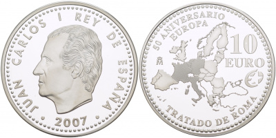 Испания 10 евро 2007 M, 50 лет Римскому договору KM 1135 серебро  PROOF   11-166-33