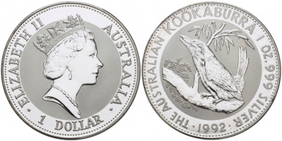 Австралия 1 доллар 1992 кукабара на ветке KM 164 серебро PROOF 05-098-24