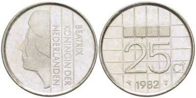 Нидерланды 25 центов 1982 Беатрикс (1980-2013) KM 204 никель 214-1126