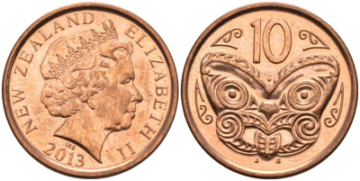 Новая Зеландия 10 центов 2013 маска Маори, Елизавета II (1952-) KM 117а сталь плакированная медью 94-1141