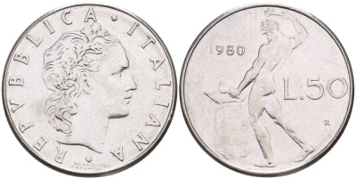 ИТАЛИЯ 50 ЛИР 1980 R, БОГ ОГНЯ ВУЛКАН У НАКОВАЛЬНИ KM 95.1 нержавеющая сталь 4525-1155