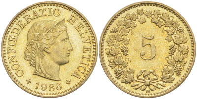 ШВЕЙЦАРИЯ 5 РАППЕНОВ 1986 В KM 26с алюминий латунь 4549-611