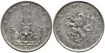 ЧЕХИЯ 1 КРОНА 1996 KM 7 сталь плакированная никелем 4396-612