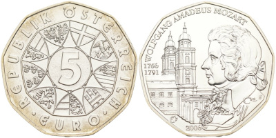 Австрия 5 евро 2006 250 лет со дня рождения Вольфганга Амадея Моцарта, Зальцбургский кафедральный собор KM 3131 серебро UNC 01-345-34