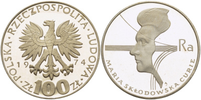Польша 100 злотых 1974 MW, 40 лет со дня смерти Марии Склодовской-Кюри (1867-1934) KM 71, Parchimowicz 270 серебро PROOF 1087-5-63