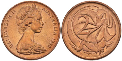 АВСТРАЛИЯ 2 ЦЕНТА 1980 ЕЛИЗАВЕТА II, МОЛОДОЙ ПОРТРЕТ, ПЛАЩЕНОСНАЯ ЯЩЕРИЦА (FRILLED LIZARD) KM 63 бронза UNC 4385-926