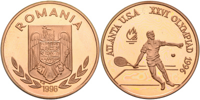 Румыния 100 леев 1996 XXVI Олимпийские игры 1996 года в Атланте, 100 лет Олимпийскому движению, большой теннис, пробный выпуск KM PnD 315.B медь  PROOF  11-156-45