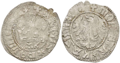 Польша 1/2 гроша (полугрош) 1445-1492 Казимир IV династия Ягеллонов (1442-1495), вес 1,38 гр., под короной МК Gum. v451 серебро 1517-521