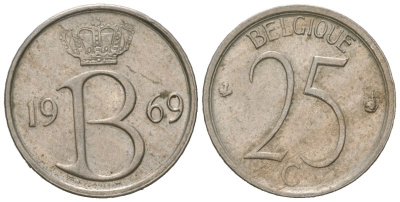 Бельгия 25 сантимов 1969 Belgique, Бодуэн I (1951-1993) KM 153 медно-никель aUNC 4618-412