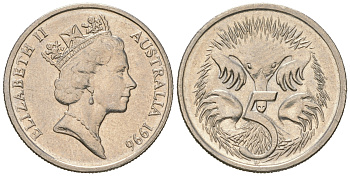 Австралия 5 центов 1996 Елизавета II (1952-2022), ехидна KM 80 медно-никель 4679-961