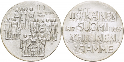 Финляндия 10 марок 1977 K-H, 60 лет независимости (1917-1977) KM 55 серебро UNC 1515-1421