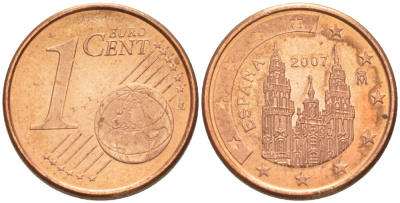ИСПАНИЯ 1 ЕВРОЦЕНТ 2007 KM 1040 сталь плакированная медью 100-418