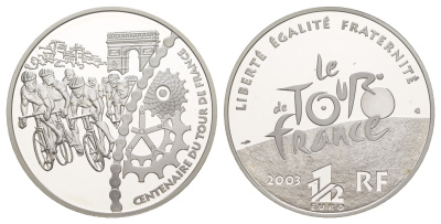 Франция 1 1/2 евро 2003 100 лет велогонкам Тур де Франс, велосипедисты и триумфальная арка KM 1322 серебро  PROOF  1-6-4-65