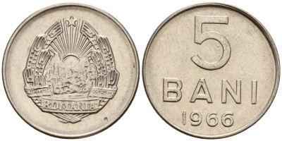 Румыния 5 бани 1966 год тип KM 92 сталь плакированная никелем  UNC  4598-444