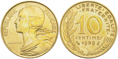 Франция 10 сантимов 1989 тип Marianne KM 929, le Franc 144.29 алюминиевая бронза 112-1031