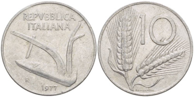Италия 10 лир 1977 R, колосья, плуг KM 93 алюминий 4551-224
