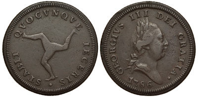Остров Мэн 1 пенс 1786 Георг III (1760-1820) KM 9.1 медь 650-624