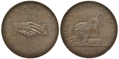 Сьерра-Леоне 1 пенни 1791 рукопожатие, лев KM 2.1 медь 00-815-03
