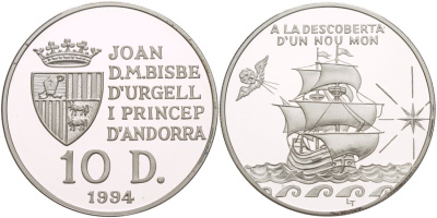 Андорра 10 динеров 1994 открытие нового света, парусник KM 98 серебро PROOF 1081-7-32