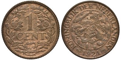 Нидерланды 1 цент 1924 Вильгельмина (1890-1948), редкий год KM 152 бронза 443-524