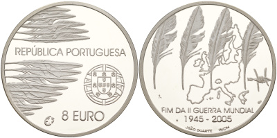 Португалия 8 евро 2005 60 лет окончания 2-ой мировой войне KM 773а серебро PROOF 11-077-12