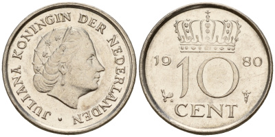 Нидерланды 10 центов 1980 Юлиана (1949-1980) KM 182 никель    4598-344