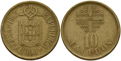 Португалия 10 эскудо 1987 KM 633 никель латунь 4156-614