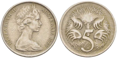 АВСТРАЛИЯ 5 ЦЕНТОВ 1967 ЕЛИЗАВЕТА II, МОЛОДОЙ ПОРТРЕТ, ЕХИДНА KM 64 медно-никель 4385-645