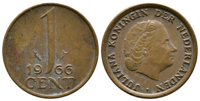 НИДЕРЛАНДЫ 1 ЦЕНТ 1966 ЮЛИАНА KM 180 бронза 261-611