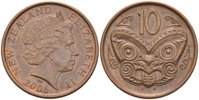 Новая Зеландия 10 центов 2006 маска Маори, Елизавета II (1952-) KM 117а сталь плакированная медью 176-153