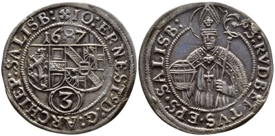 АВСТРИЯ, ЗАЛЬЦБУРГ 3 КРЕЙЦЕРА 1687 ЙОХАНН ЭРНСТ (1687-1709) KM 249 серебро 560-663
