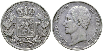 Бельгия 5 франков 1865 Леопольд I (1831-1865) KM 17 серебро 00-1067-6-13