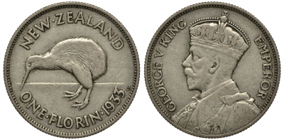 Новая Зеландия 1 флорин 1933 Георг V (1910-1936), птичка киви KM 4 серебро 272-1212