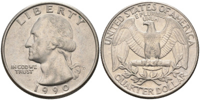 США 25 центов = квотер 1990 D, Вашингтон KM A164a медь плакированная медно-никелем 4584-1255