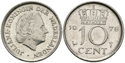 Нидерланды 10 центов 1978 Юлиана (1948-1980) КМ 182 никель 96-514