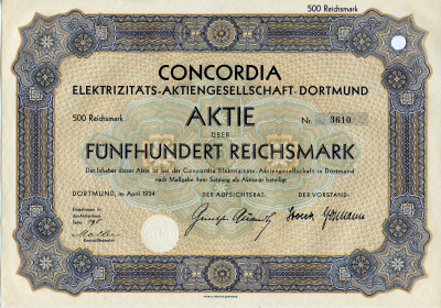 Германия 500 рейхсмарок 1934 АО Электрическая компания Конкордия, Дортмунд, акция   бумага 8803-27-1