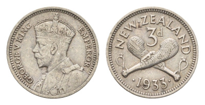Новая Зеландия 3 пенса 1933 Георг V (1910-1936) KM 1 серебро 4669-566