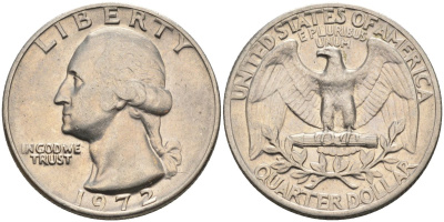США 25 центов (квотер) 1972 Вашингтон KM 164a медь плакированная медно-никелем 4584-1014