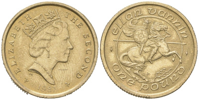 Остров Мэн 1 фунт 1987 рыцарь на лошади, Елизавета II (1952-2022), редкая KM 182 никель латунь 4619-151