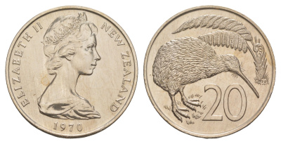 Новая Зеландия 20 центов 1970 Елизавета II (1952-2022), птичка киви, тираж 30.000 экземпляров KM 36 медно-никель UNC 00-00