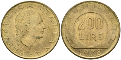 Италия 200 лир 1978 R, шестерня KM 105 алюминиевая бронза 4171-954