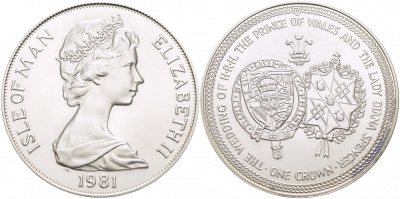 Остров Мэн 1 крона 1981 Королевская свадьба принца Чарльза и леди Дианы, гербы КМ 81a серебро UNC 1081-9-12