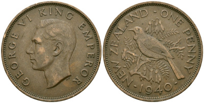 Новая Зеландия 1 пенни 1940 Георг VI (1936-1952), новозеландский туи KM 13 бронза 4165-1142