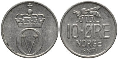 Норвегия 10 эре 1971 пчела, Улаф V KM 411 медно-никель 211-847