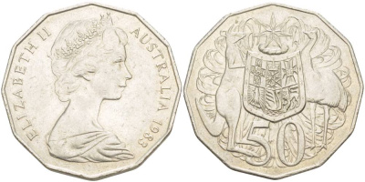 Австралия 50 центов 1983 Елизавета II (1952-2022), герб, кенгуру KM 68 медно-никель 4184-312