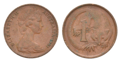 Австралия 1 цент 1981 Елизавета II (1952-2022), молодой портрет, опоссум KM 62 бронза 4585-643