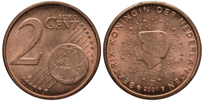 НИДЕРЛАНДЫ 2 ЕВРОЦЕНТА 2001 КОРОЛЕВА БЕАТРИКС KM 235 сталь плакированная медью 4181-434