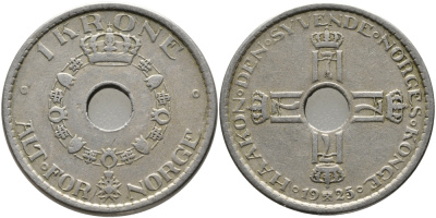 Норвегия 1 крона 1925 Хокон VII (1905-1957) KM 385 медно-никель 23-543