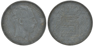 Бельгия 5 франков 1945 Belgen, редкая KM 130 цинк 4163-527