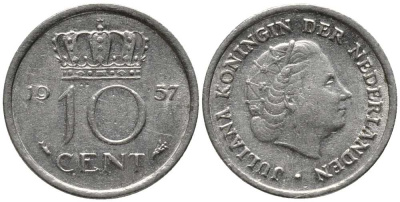 Нидерланды 10 центов 1957 Юлиана (1948-1980) KM 182 никель 112-737